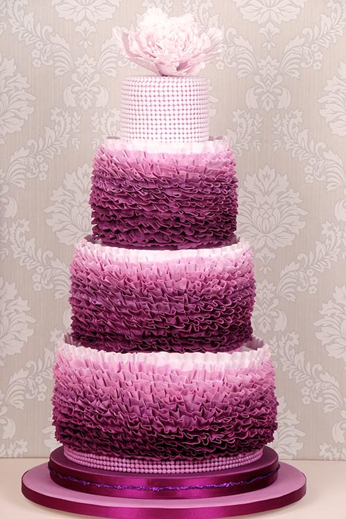purple and white Wedding cake designed by Janet Dobie from JD Cake Designs